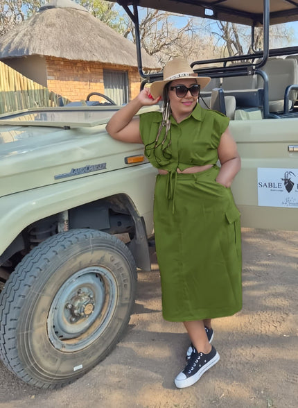 Olive green midi shirt dress with button front and adjustable waist tie