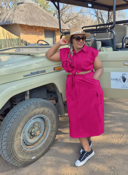 Hot pink midi shirt dress with button front and adjustable waist tie