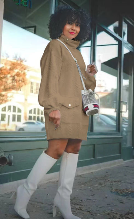 Textured turtleneck dress with pockets, khaki, long sleeves, above-knee length