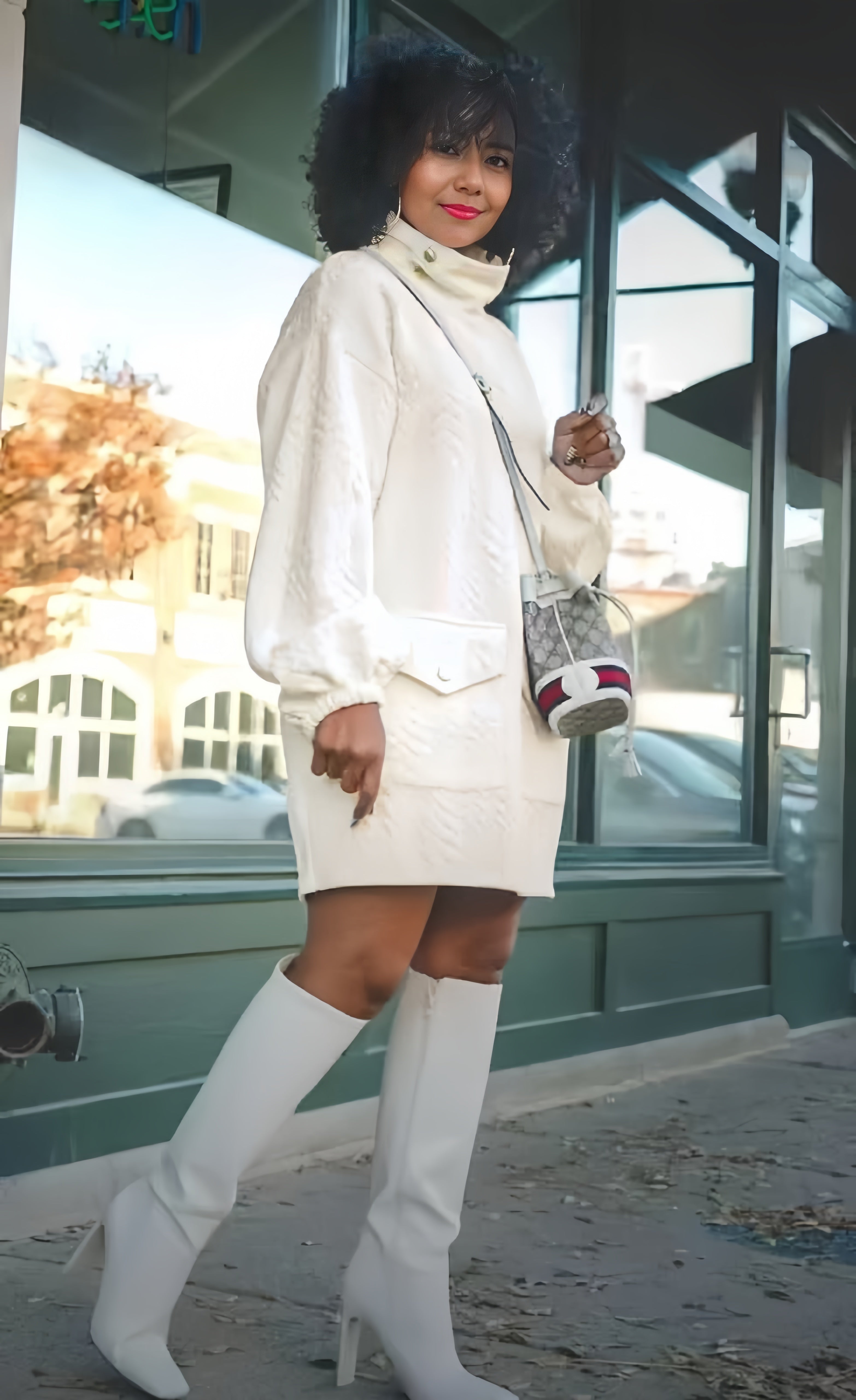 Textured turtleneck dress with pockets, white, long sleeves, above-knee length