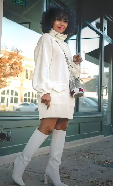 Textured turtleneck dress with pockets, white, long sleeves, above-knee length