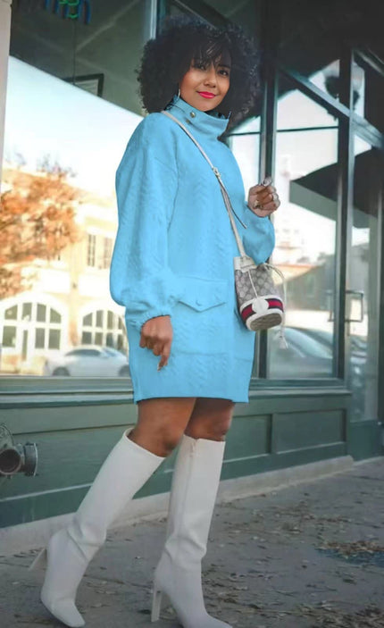 Textured turtleneck dress with pockets, sky-blue, long sleeves, above-knee length