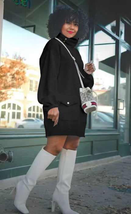 Textured turtleneck dress with pockets, black, long sleeves, above-knee length