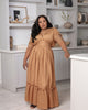 Brown maxi dress with gathered waist and ruffled hem, short tie sleeves, V-neck