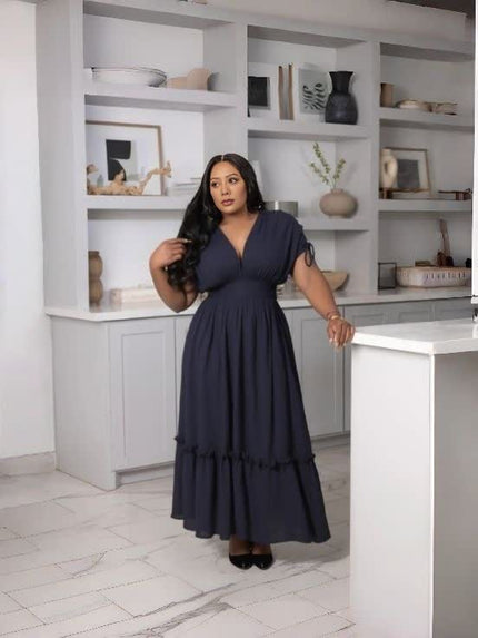 Dark navy maxi dress with gathered waist and ruffled hem, V-neck, short tie sleeves