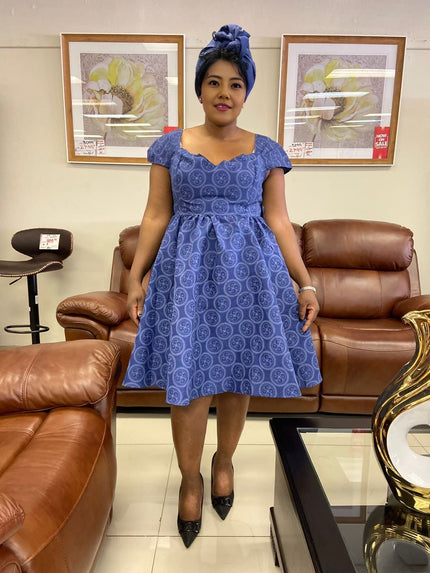 Blue printed midi dress with puff short sleeves and gathered waist