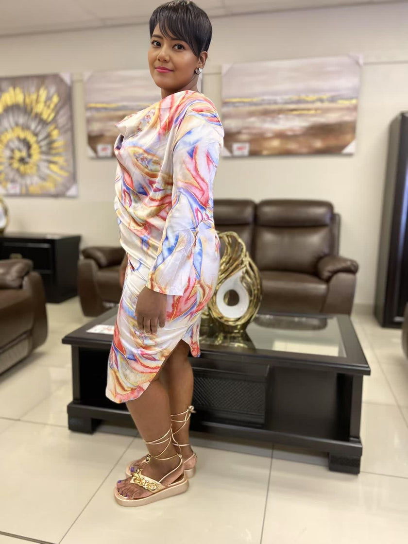 Fashion Printed Long Sleeve Dress with Abstract Art Pattern and Loose-Fit