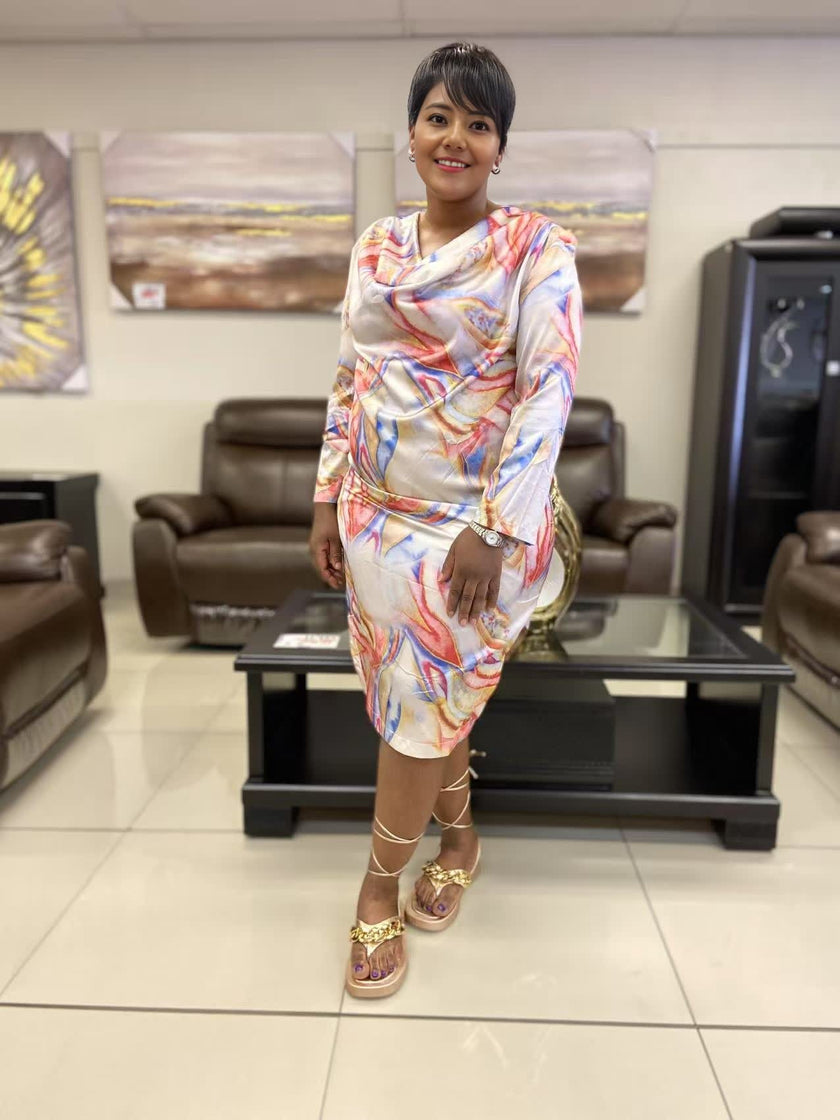 Fashion Printed Long Sleeve Dress with Abstract Art Pattern and Loose-Fit