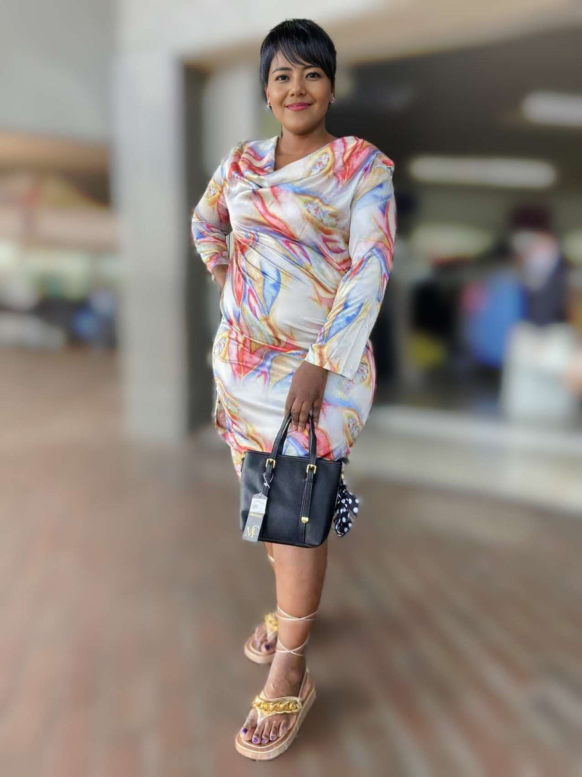 Fashion Printed Long Sleeve Dress with Abstract Art Pattern and Loose-Fit