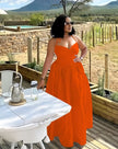 Orange sleeveless maxi dress with sweetheart neckline and gathered waist