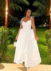 White sleeveless maxi dress with sweetheart bodice and gathered skirt