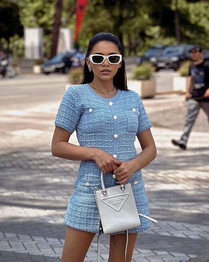 Sky-blue textured knit mini dress with button-front, short sleeves and crew neck