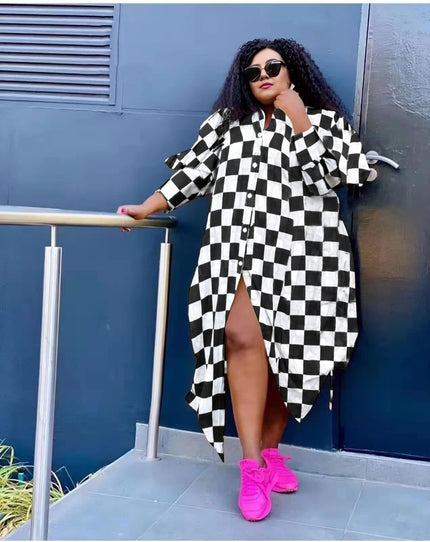 Plus size geometric maxi dress, black-and-white check print with ruffled sleeves