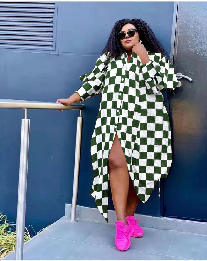 Plus size geometric maxi dress, green-and-white check print with ruffled sleeves
