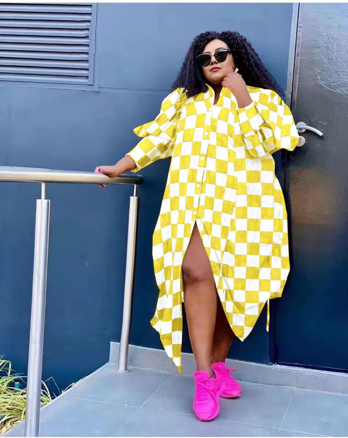 Plus size geometric maxi dress, yellow-and-white check print with ruffled sleeves