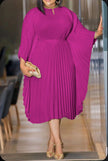 Pleated midi dress, magenta purple, flared sleeves with vertical pleats.