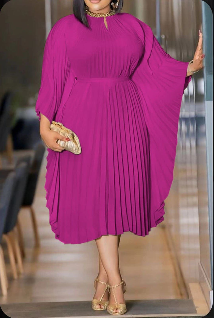 Pleated midi dress, magenta purple, flared sleeves with vertical pleats.