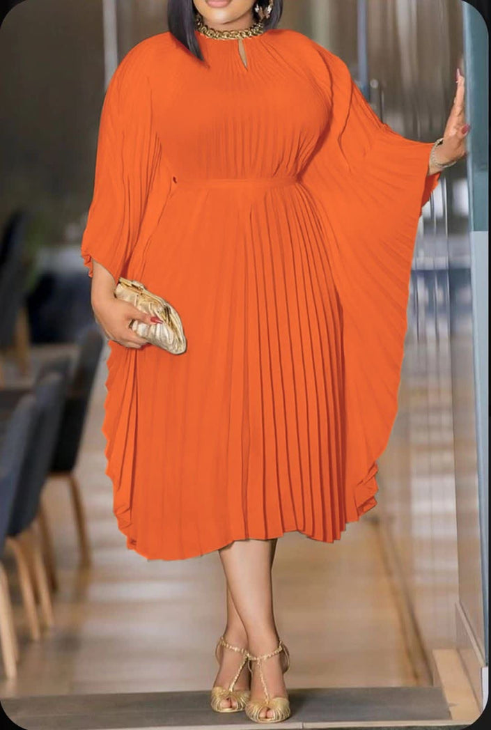 Pleated midi dress, orange, flared sleeves and gathered waist pleats.