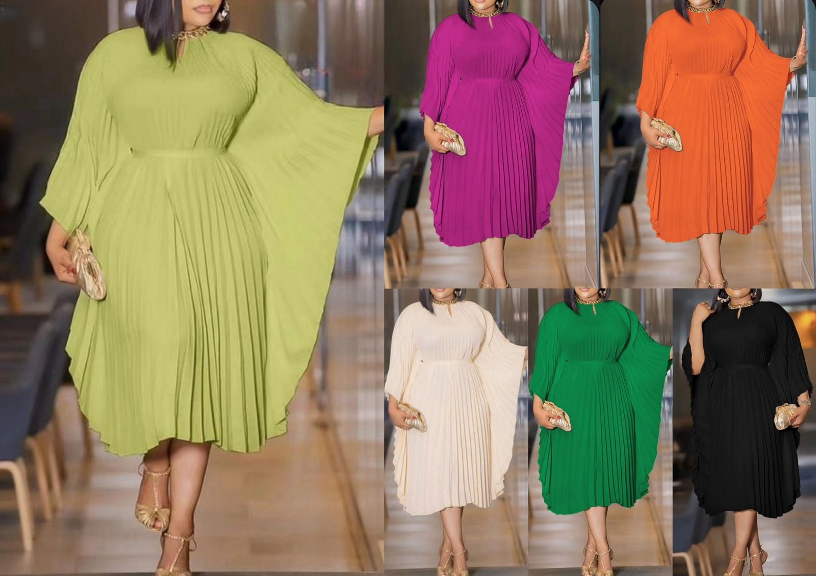 Pleated midi dress collage: green, purple, orange, beige, dark green, black.