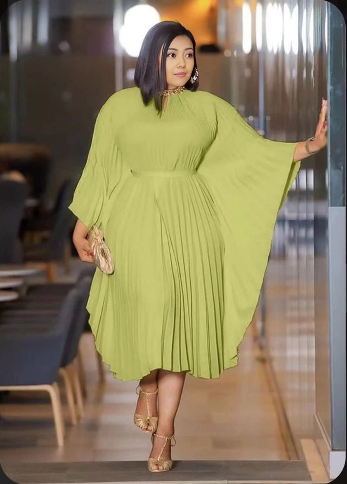 High Neckline Pleated Dress with Flared Sleeves
