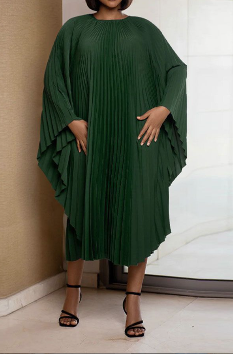High Neckline Pleated Dress with Flared Sleeves