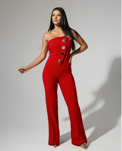 Red one-sleeve fitted jumpsuit with front button detail and flowing wide-leg cut