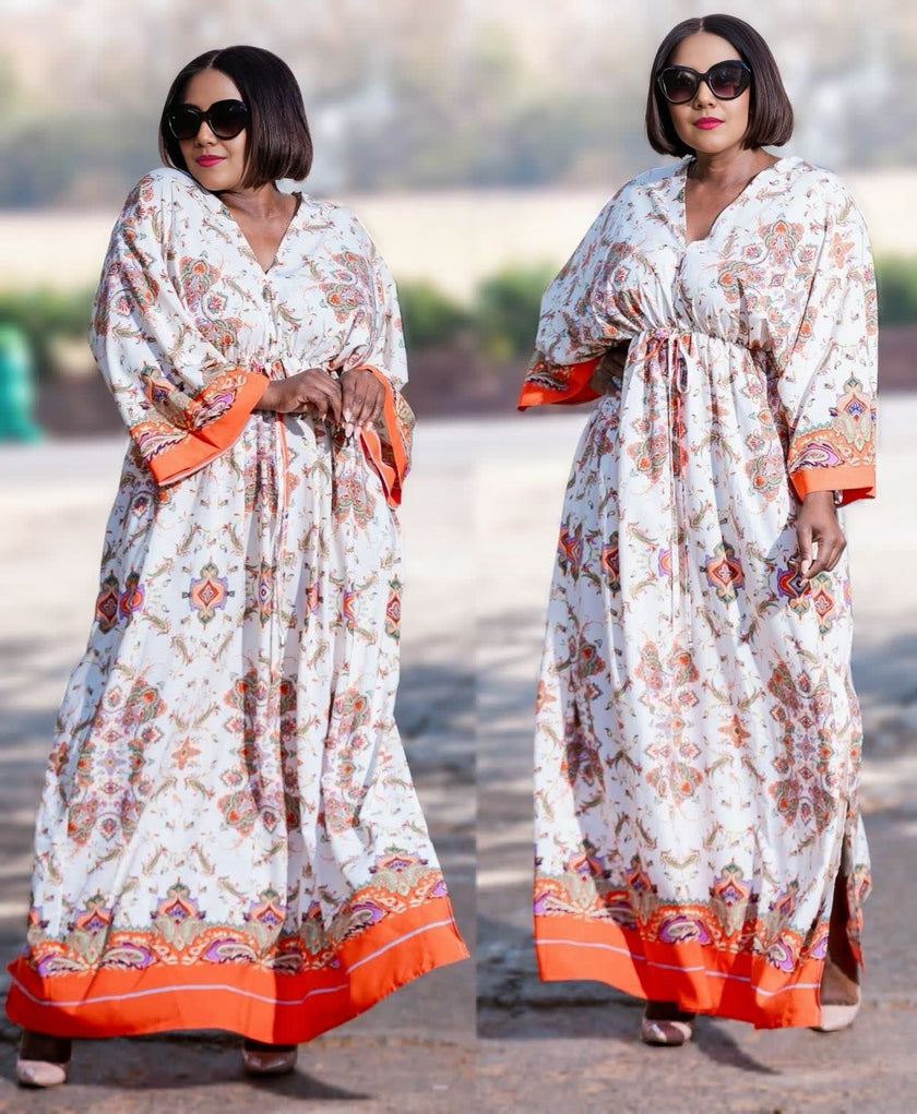 Bohemian V-Neck Maxi Dress with Geometric Floral Motifs