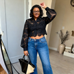 Black lace long-sleeve crop blouse with button front and scalloped hem