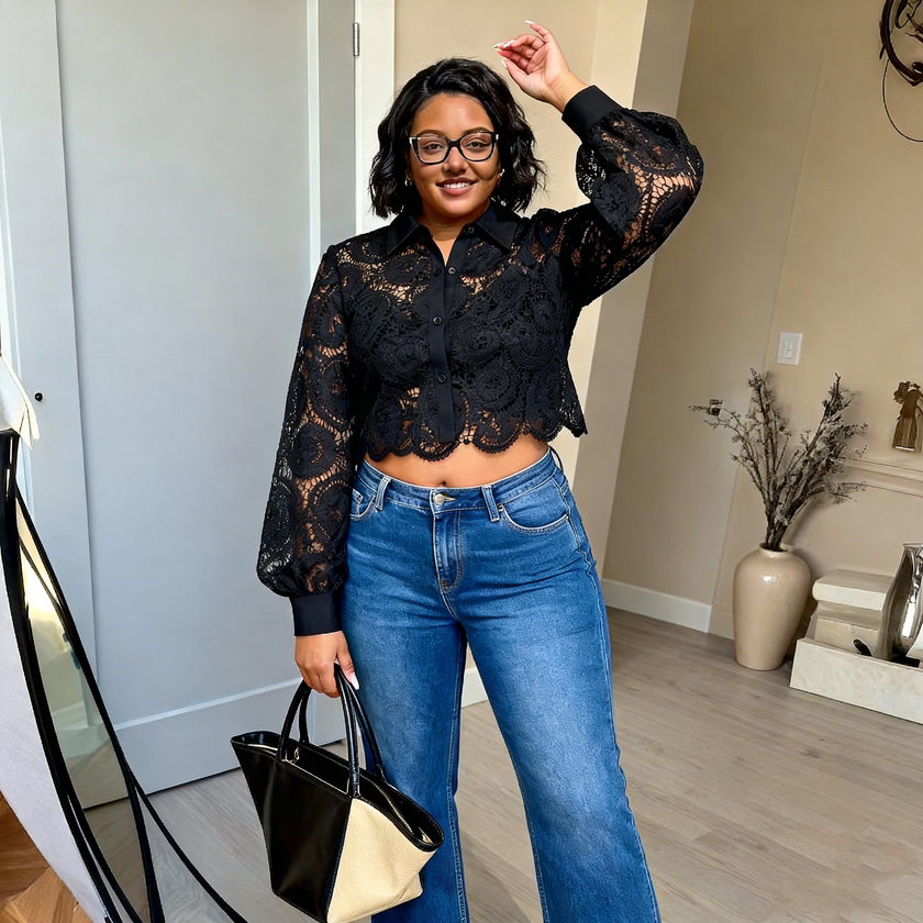 Black lace long-sleeve crop blouse with button front and scalloped hem