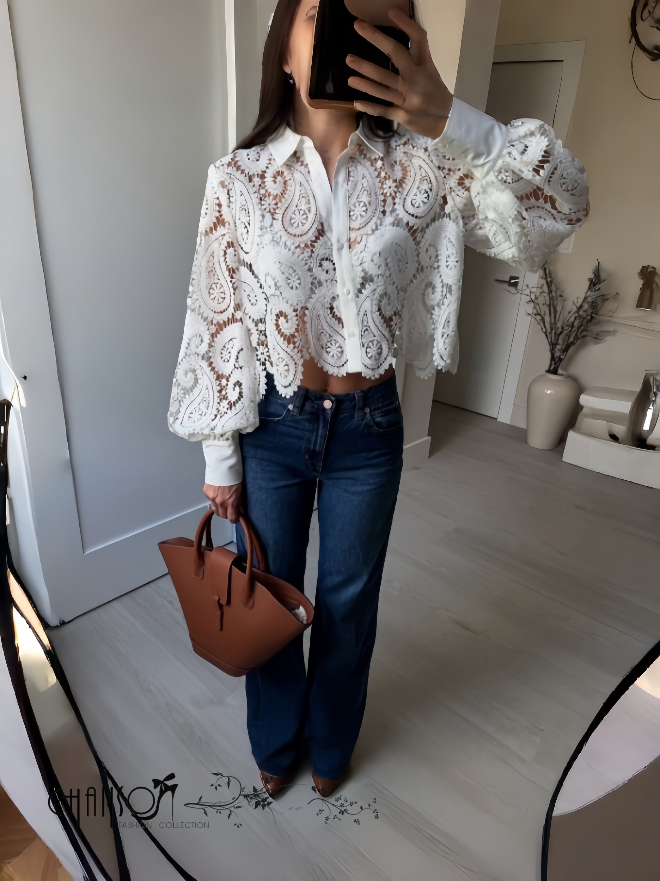 White lace long-sleeve crop blouse with button front and scalloped lace cuffs
