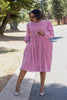 Red-and-white striped puff-sleeve dress with gathered waist, knee length