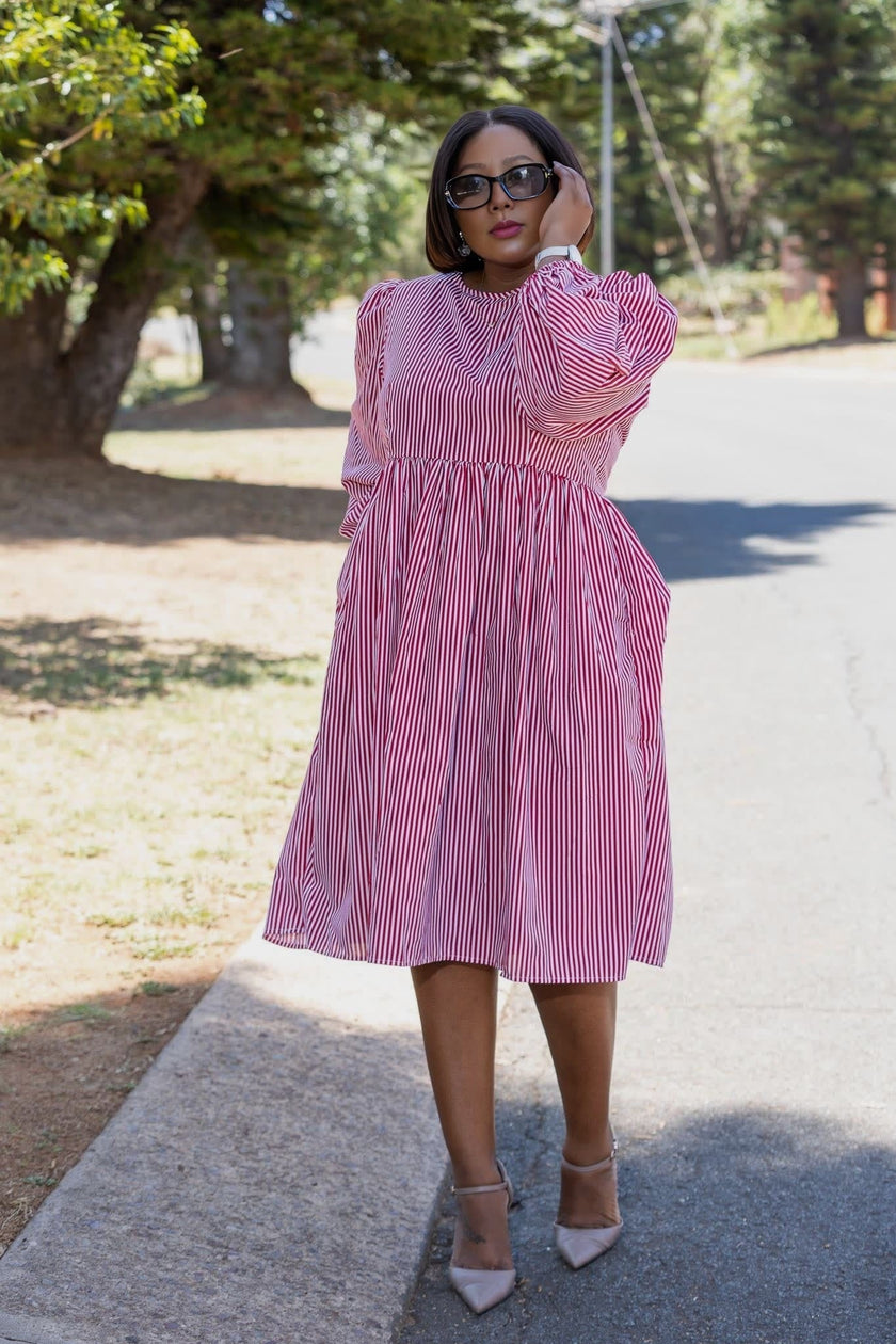 Striped Puff Sleeve Dress with Gathered Waist Design