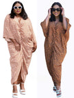 Beige geometric draped dress with V-neck and loose dolman sleeves, wrap front twist