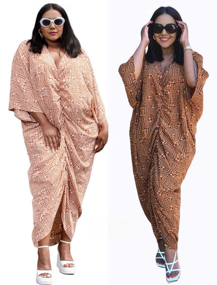 Beige geometric draped dress with V-neck and loose dolman sleeves, wrap front twist