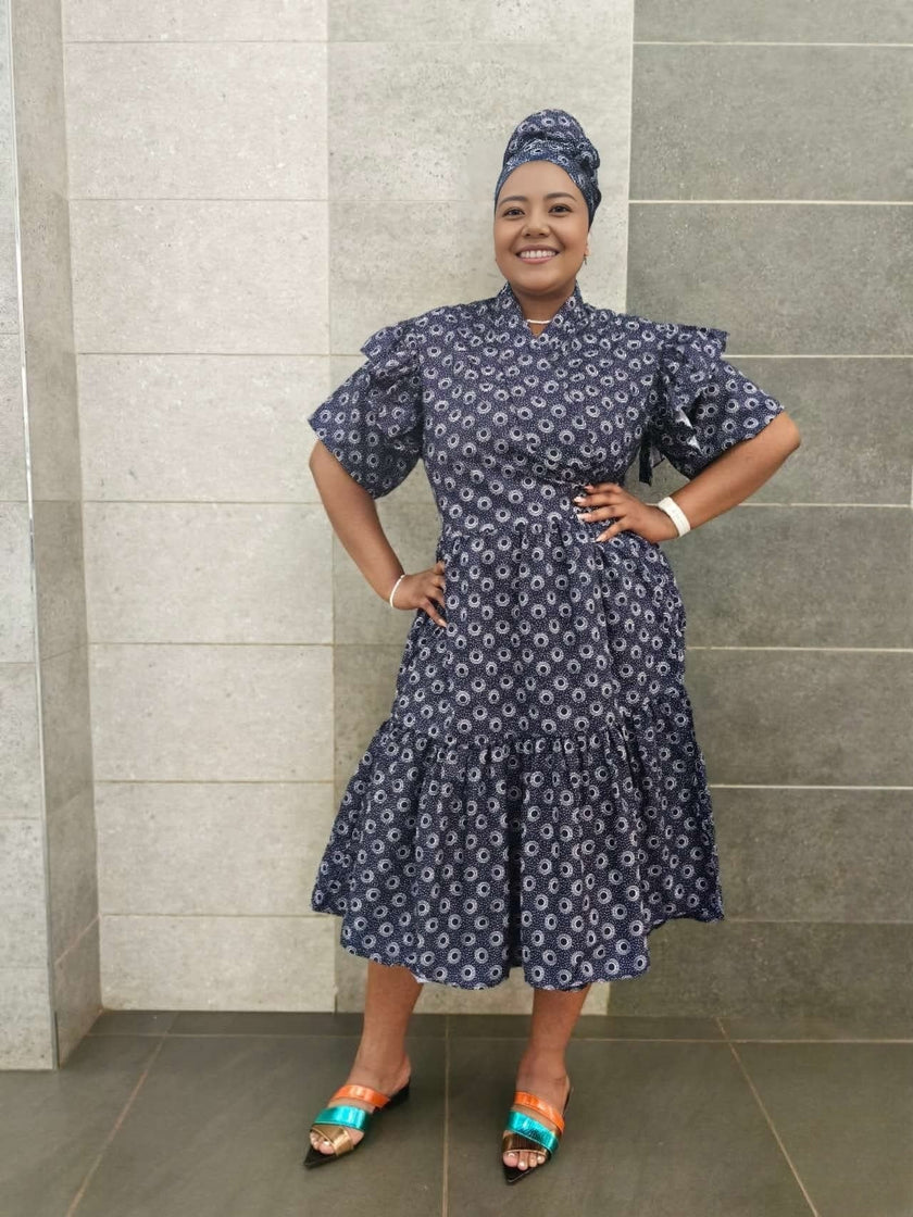 Midi Dress with ruffled sleeves, navy print