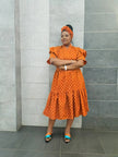 Midi Dress, orange-red with ruffled sleeves and gathered tiers