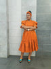Midi Dress, orange-red with ruffled sleeves and gathered tiers