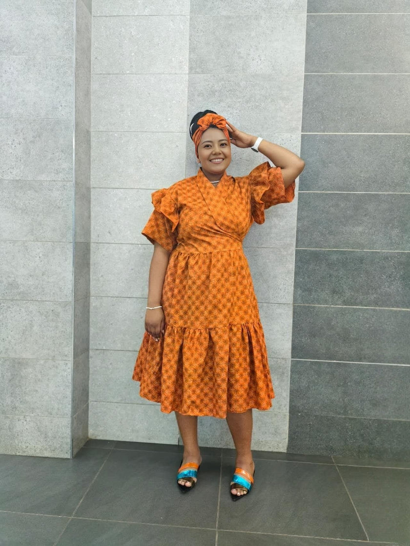 FashionPrice Midi Dress, orange-red ruffled sleeves, tiered skirt