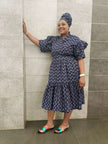 Midi Dress, navy print with ruffled puff sleeves