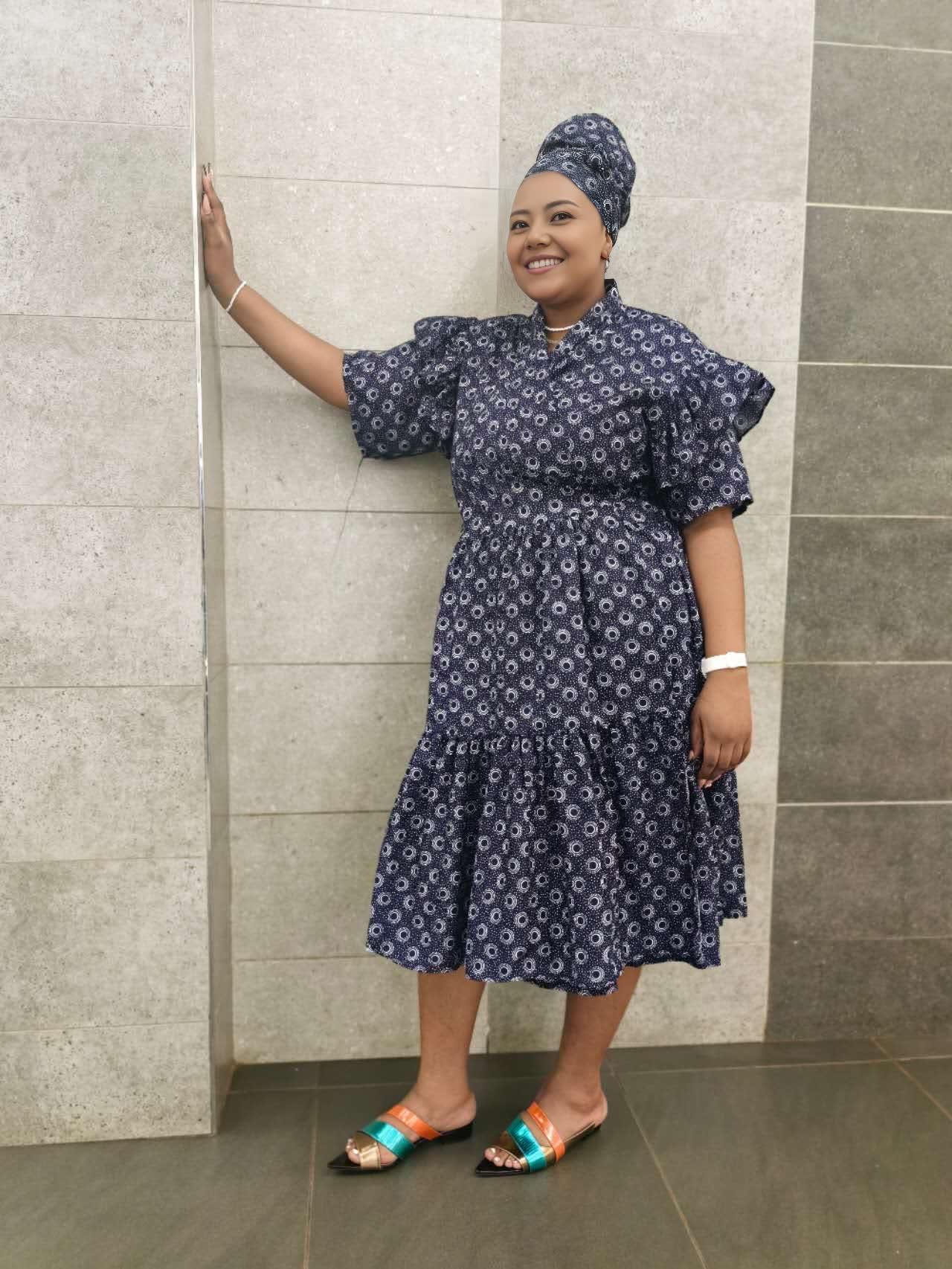 Midi Dress, navy print with ruffled puff sleeves