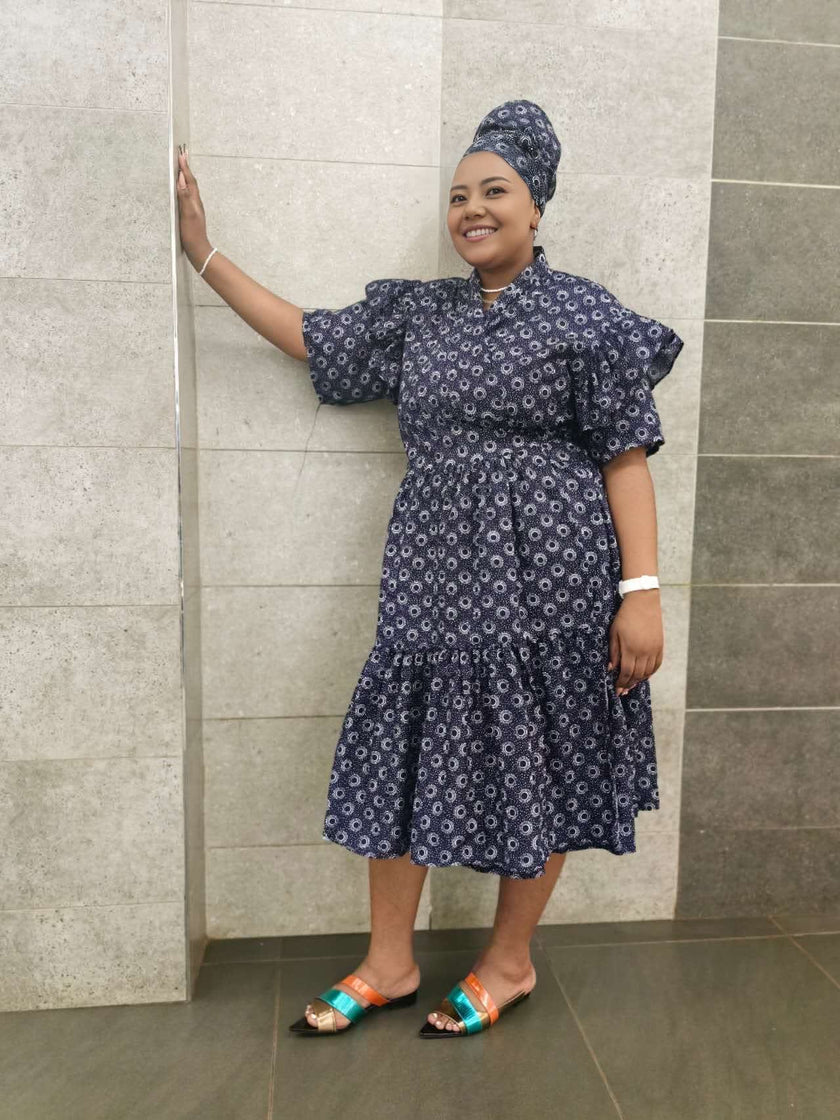Midi Dress, navy print with ruffled puff sleeves