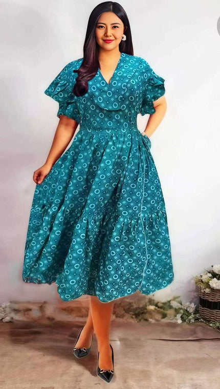 Teal circle-print midi dress with ruffle sleeves and gathered waist