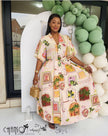 Multicolor maxi dress with V-neck, puff sleeves, and geometric print