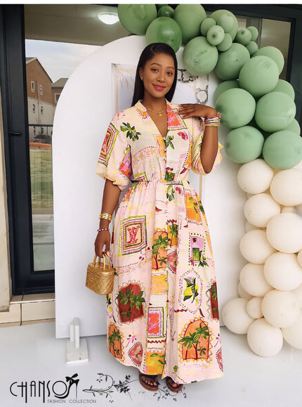 Maxi dress in multicolor with V-neck, short puff sleeves, and border-style print