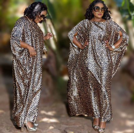 Plus kaftan dress in dark brown and white speckle print, batwing sleeves, draped fit