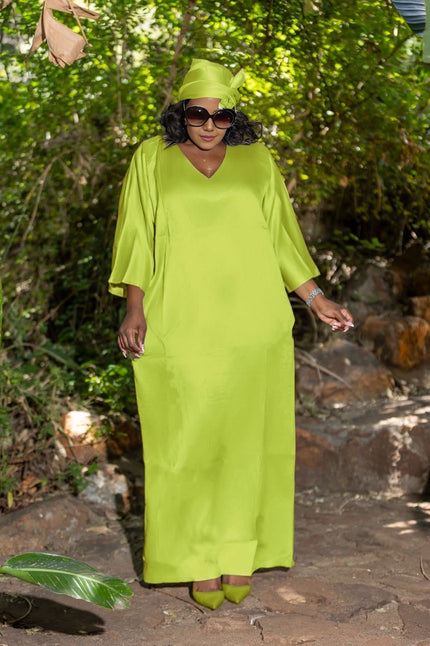Lime-green loose fit maxi dress with V-neck and elbow-length sleeves
