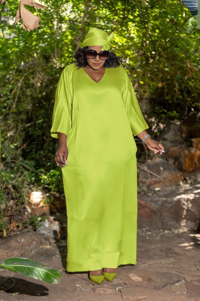 Lime-green loose fit maxi dress with V-neck and elbow-length sleeves