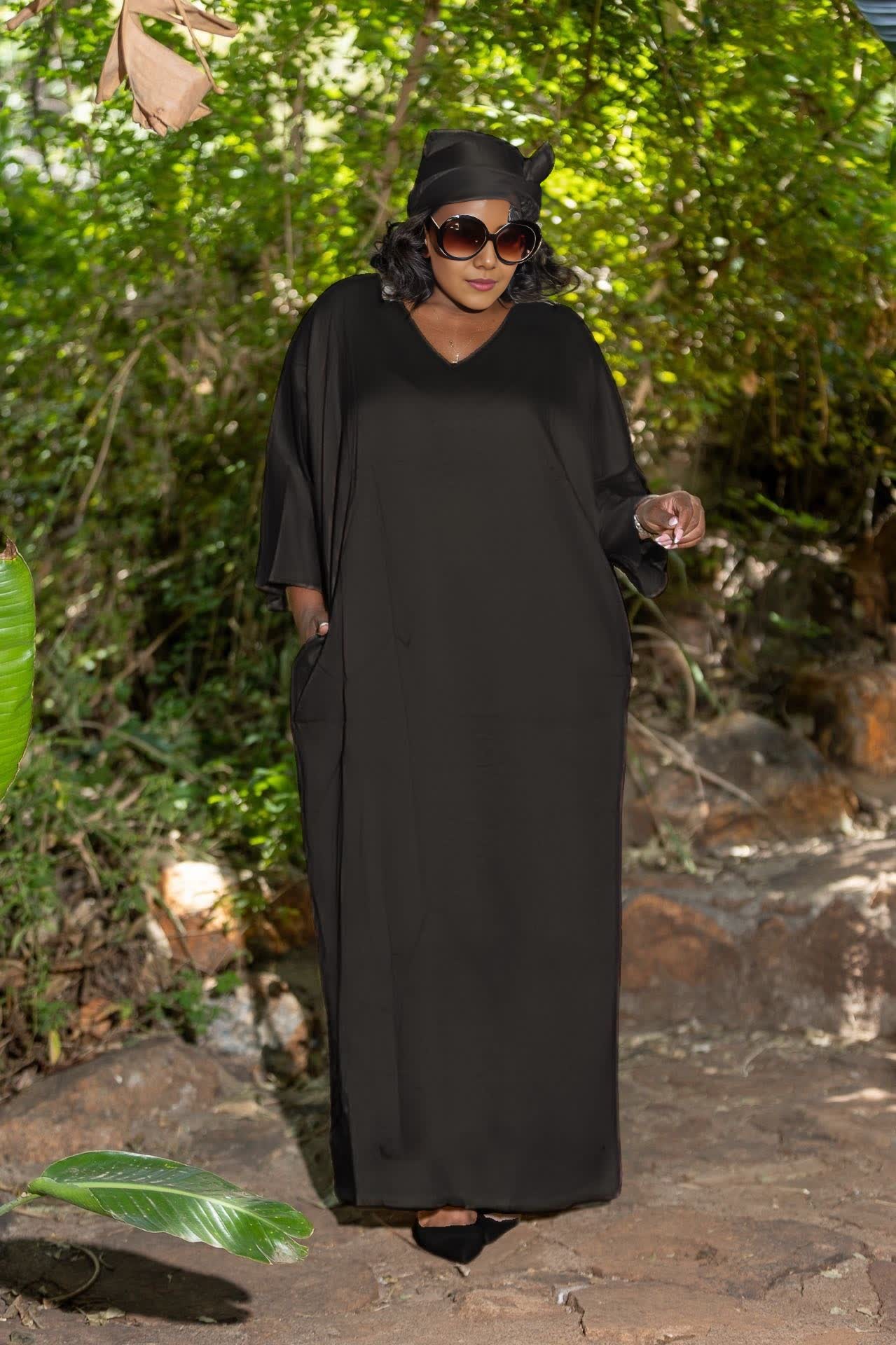Loose Long Dress, V-Neck Design, Three-Quarter Sleeves