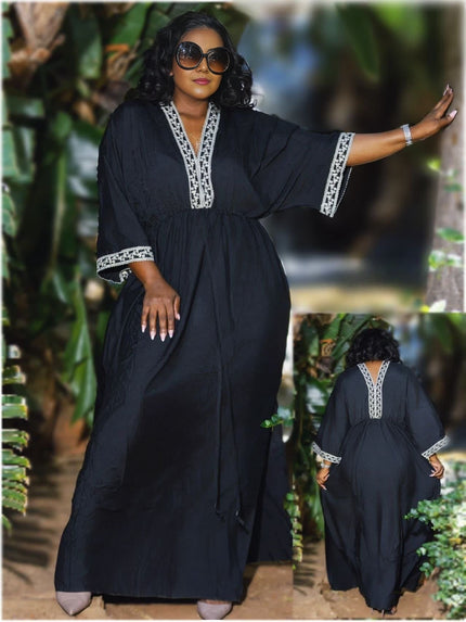 Dress Loose Long Embroidered Trim Neck Sleeve Chic