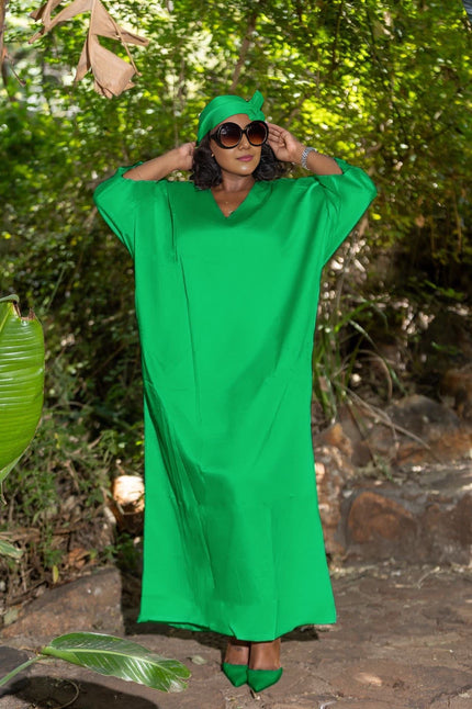 Green loose fit maxi dress with V-neck and elbow-length sleeves